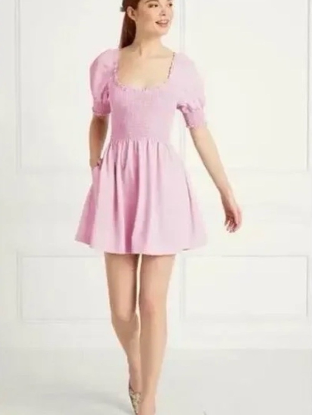 Hill House Home Naia Nap Dress - Classic Puff Sleeve Pink Mini Dress Size XL